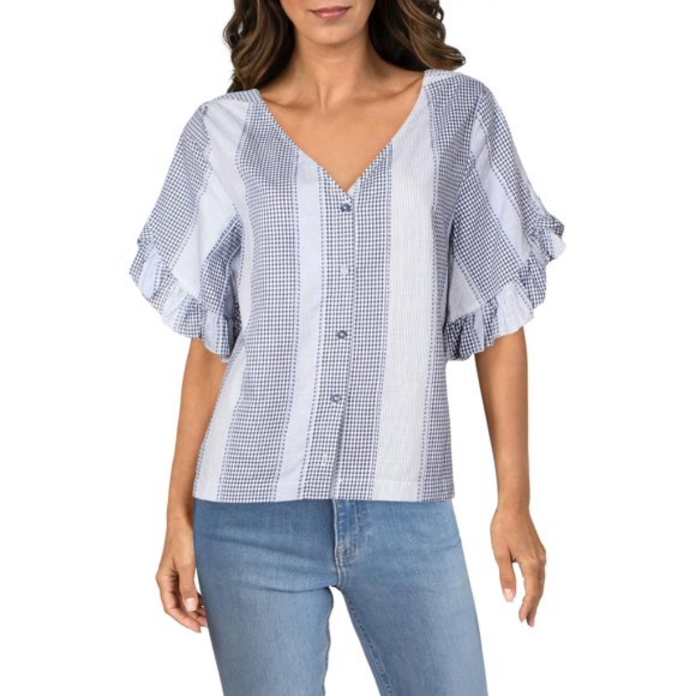 Laundry by Shelli Segal blue gingham ruffle sleeve top